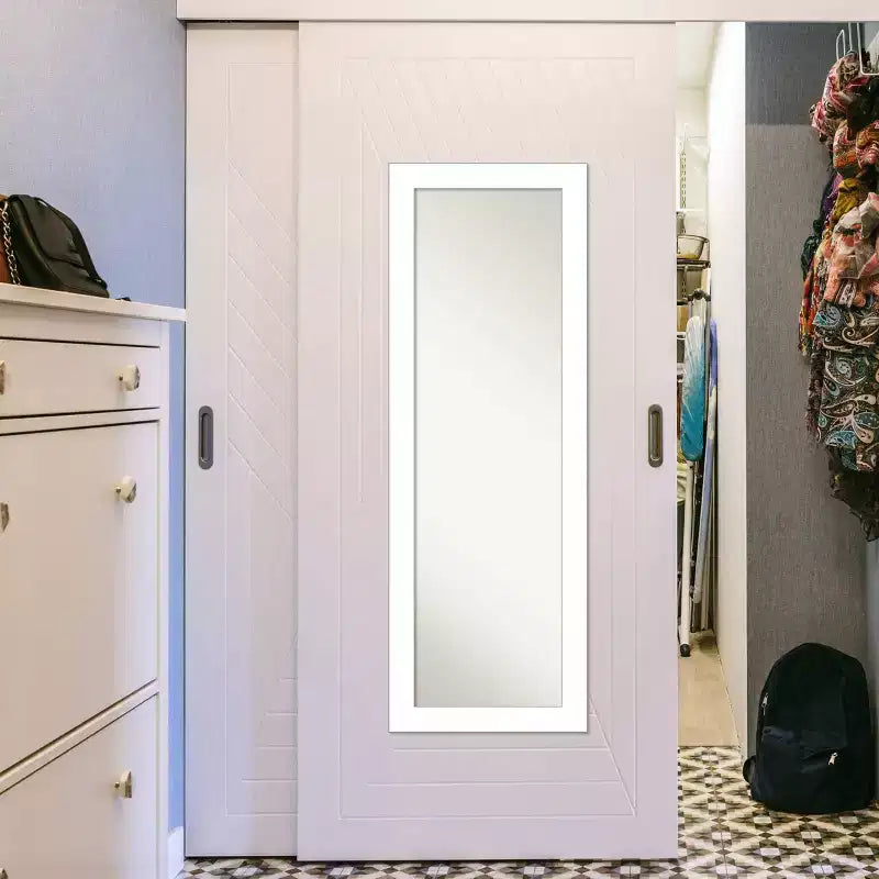 18"x52" Wedge Framed On the Door Mirror White: Modern Polystyrene Frame, No Assembly Required