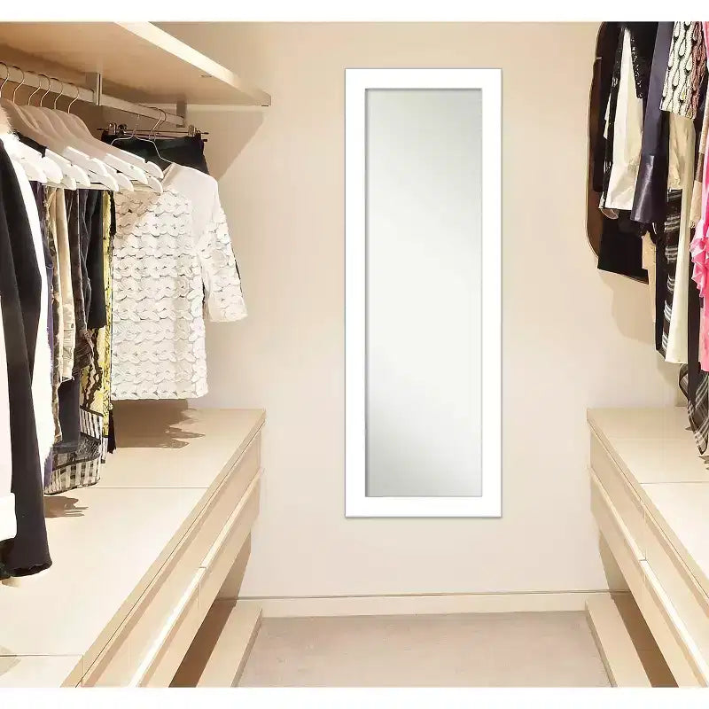 18"x52" Wedge Framed On the Door Mirror White: Modern Polystyrene Frame, No Assembly Required