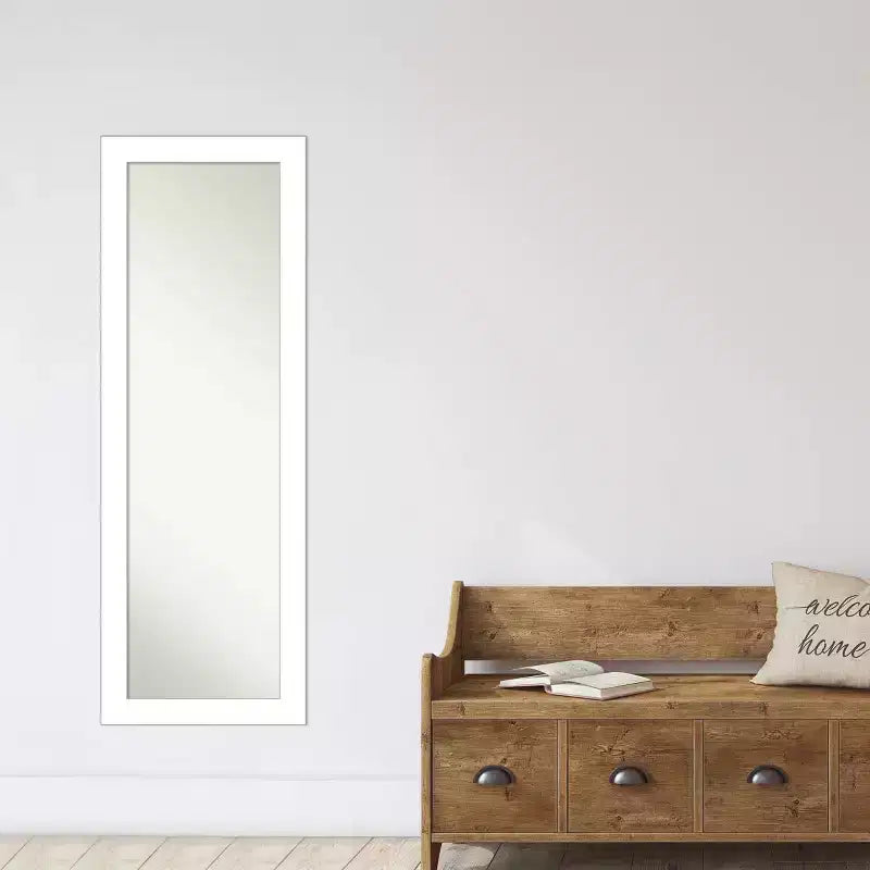 18"x52" Wedge Framed On the Door Mirror White: Modern Polystyrene Frame, No Assembly Required