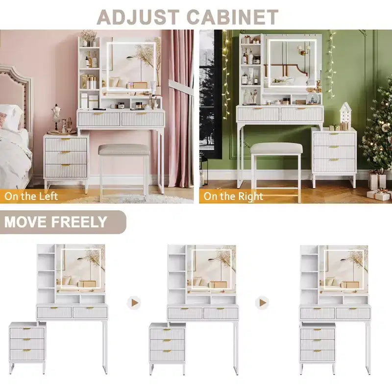 Vanity Makeup Desk with Mirror and Lights, Modern Make Up Table, Removable Side Storage Cabinet, 5 Drawers Vanity Table, for Bedroom
