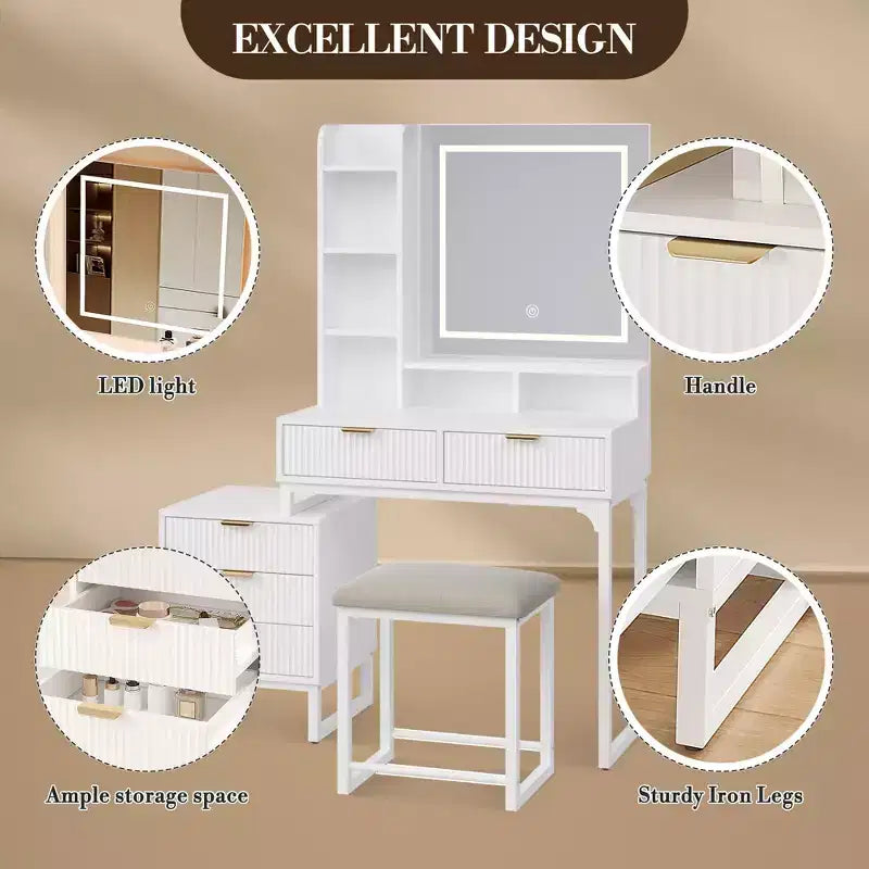 Vanity Makeup Desk with Mirror and Lights, Modern Make Up Table, Removable Side Storage Cabinet, 5 Drawers Vanity Table, for Bedroom