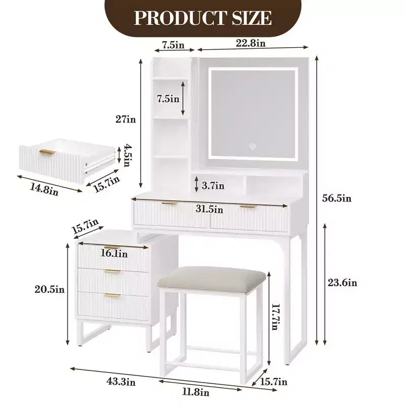 Vanity Makeup Desk with Mirror and Lights, Modern Make Up Table, Removable Side Storage Cabinet, 5 Drawers Vanity Table, for Bedroom