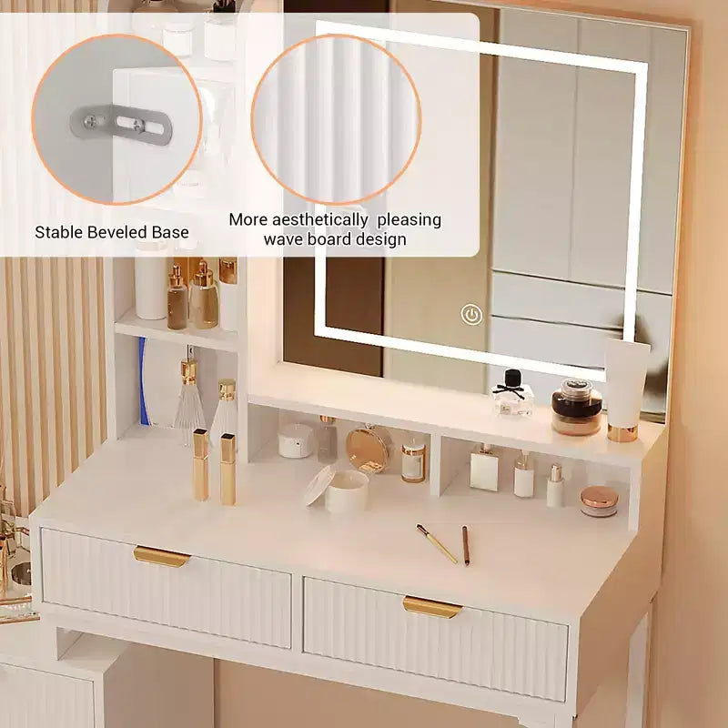 Vanity Makeup Desk with Mirror and Lights, Modern Make Up Table, Removable Side Storage Cabinet, 5 Drawers Vanity Table, for Bedroom