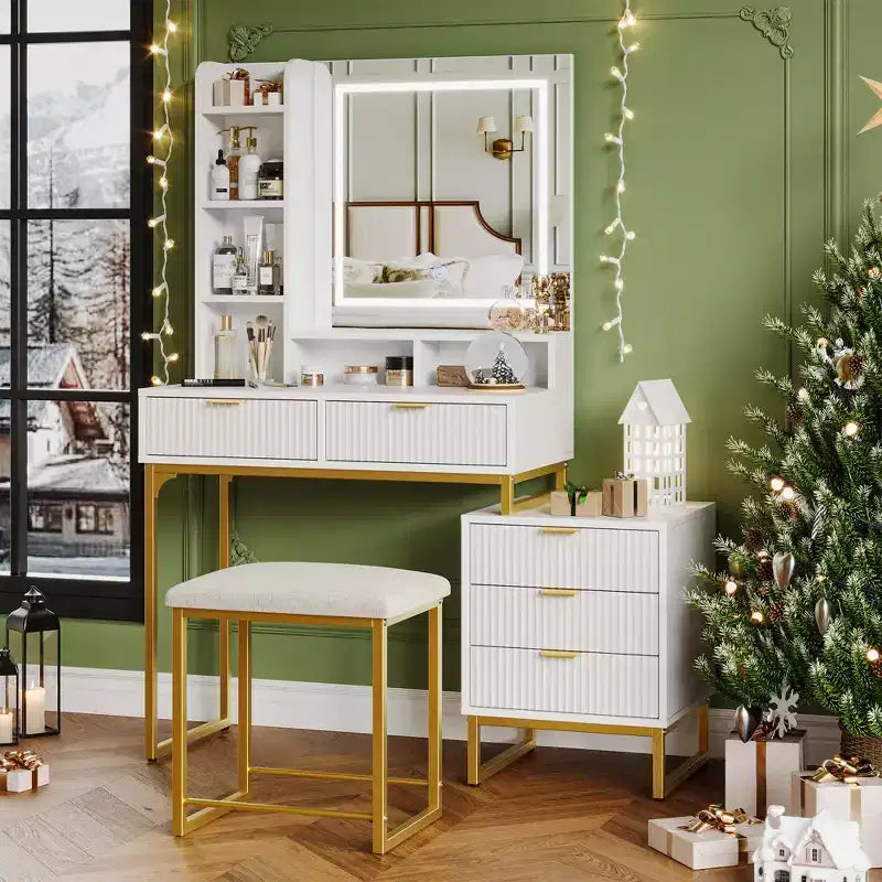 Coiffeuse de Maquillage avec Miroir et Lumières, Table de Maquillage Moderne, Meuble de Rangement Latéral Amovible, Coiffeuse à 5 Tiroirs, pour Chambre à Coucher