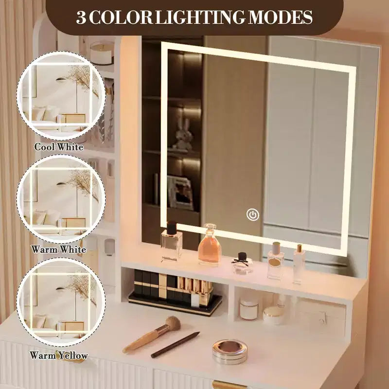 Vanity Makeup Desk with Mirror and Lights, Modern Make Up Table, Removable Side Storage Cabinet, 5 Drawers Vanity Table, for Bedroom