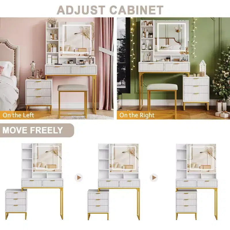 Coiffeuse de Maquillage avec Miroir et Lumières, Table de Maquillage Moderne, Meuble de Rangement Latéral Amovible, Coiffeuse à 5 Tiroirs, pour Chambre à Coucher