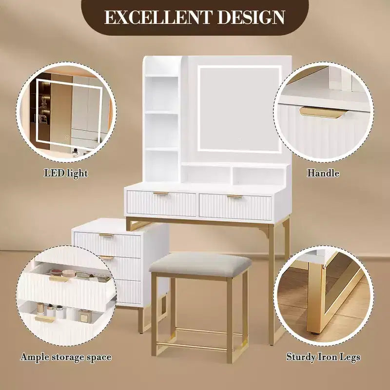 Vanity Makeup Desk with Mirror and Lights, Modern Make Up Table, Removable Side Storage Cabinet, 5 Drawers Vanity Table, for Bedroom