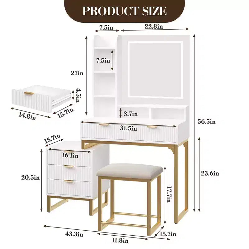 Vanity Makeup Desk with Mirror and Lights, Modern Make Up Table, Removable Side Storage Cabinet, 5 Drawers Vanity Table, for Bedroom