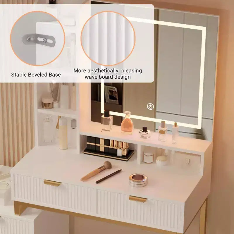 Vanity Makeup Desk with Mirror and Lights, Modern Make Up Table, Removable Side Storage Cabinet, 5 Drawers Vanity Table, for Bedroom