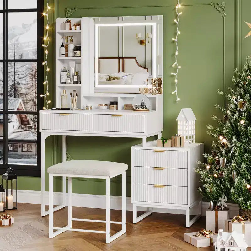 Vanity Makeup Desk with Mirror and Lights, Modern Make Up Table, Removable Side Storage Cabinet, 5 Drawers Vanity Table, for Bedroom