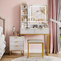 Vanity Makeup Desk with Mirror and Lights, Modern Make Up Table, Removable Side Storage Cabinet, 5 Drawers Vanity Table, for Bedroom