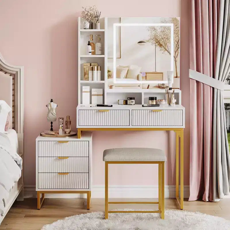 Vanity Makeup Desk with Mirror and Lights, Modern Make Up Table, Removable Side Storage Cabinet, 5 Drawers Vanity Table, for Bedroom