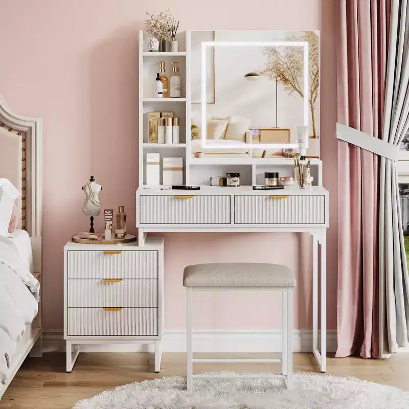 Coiffeuse de Maquillage avec Miroir et Lumières, Table de Maquillage Moderne, Meuble de Rangement Latéral Amovible, Coiffeuse à 5 Tiroirs, pour Chambre à Coucher
