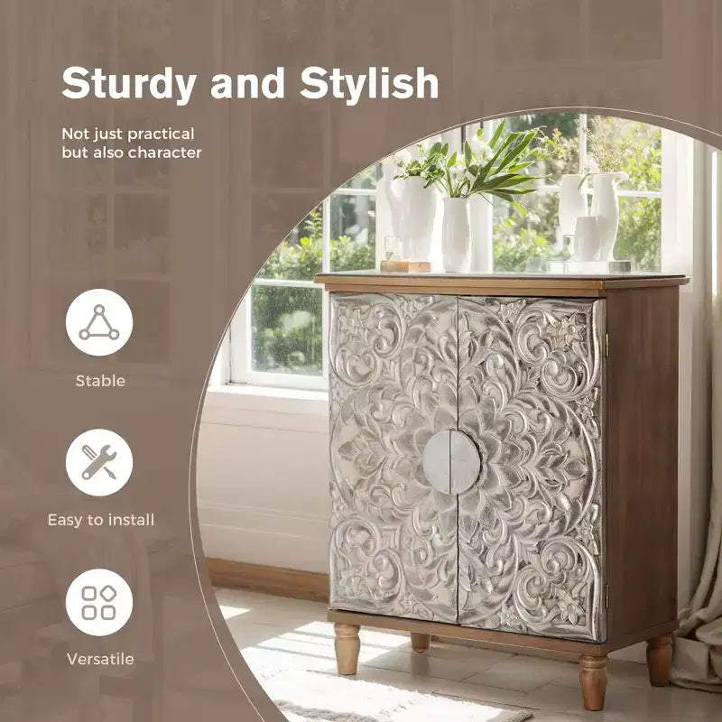 Antique Silver Carved Floral Buffet Cabinet with Doors for Living Room, Entryway