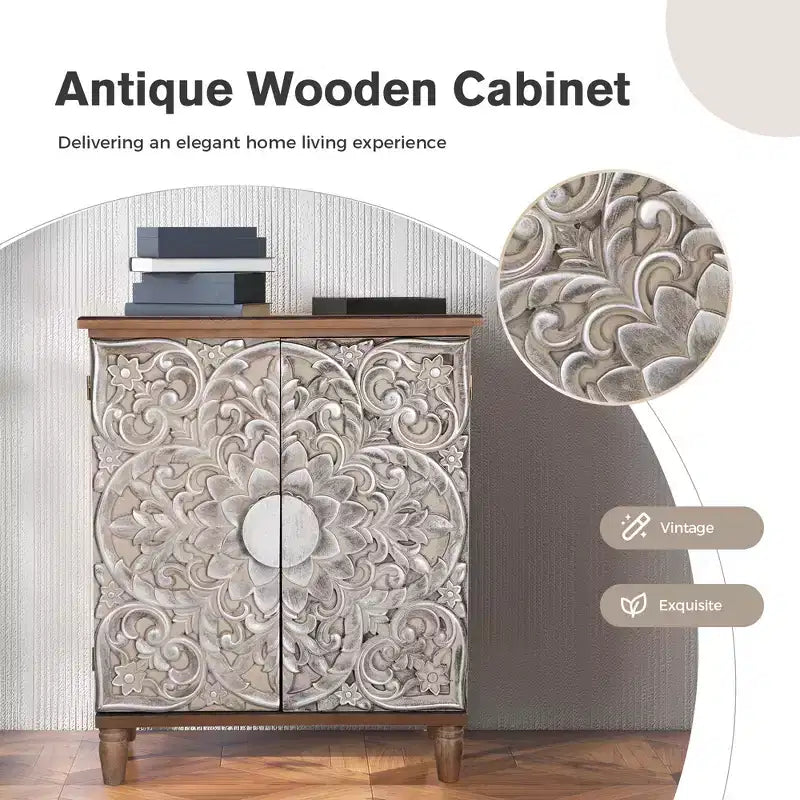 Buffet sculpté floral antique en argent avec portes pour salon, entrée