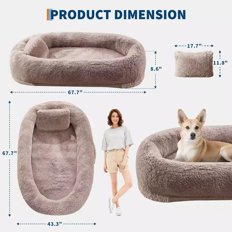 67x43x8 Human Dog Bed for Adult and Pets, No Assembly Required, Washable Fluffy Faux Fur, Orthopedic Dog Bed with Plump Pillow, Side Pocket