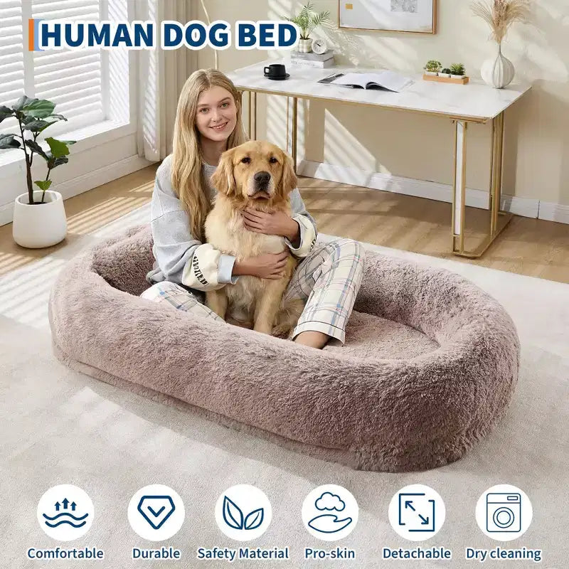 67x43x8 Human Dog Bed for Adult and Pets, No Assembly Required, Washable Fluffy Faux Fur, Orthopedic Dog Bed with Plump Pillow, Side Pocket