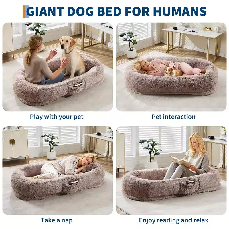 67x43x8 Human Dog Bed for Adult and Pets, No Assembly Required, Washable Fluffy Faux Fur, Orthopedic Dog Bed with Plump Pillow, Side Pocket