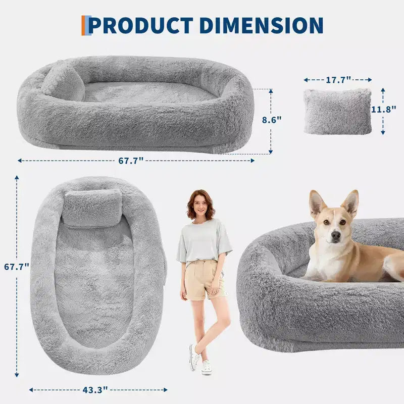 67x43x8 Human Dog Bed for Adult and Pets, No Assembly Required, Washable Fluffy Faux Fur, Orthopedic Dog Bed with Plump Pillow, Side Pocket