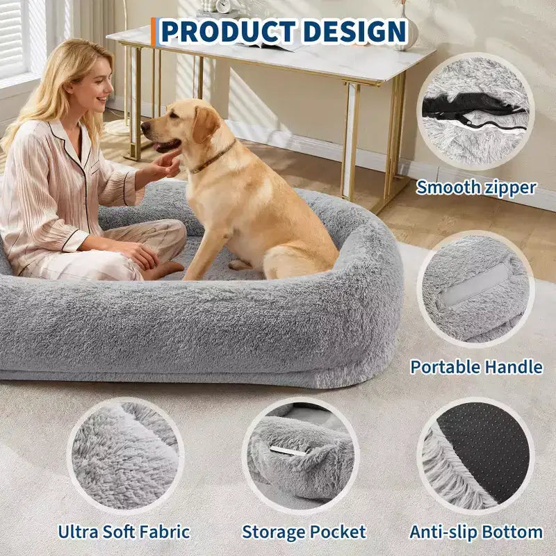 67x43x8 Human Dog Bed for Adult and Pets, No Assembly Required, Washable Fluffy Faux Fur, Orthopedic Dog Bed with Plump Pillow, Side Pocket