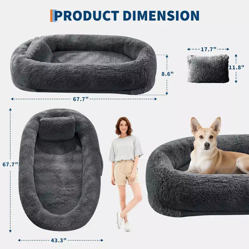 67x43x8 Human Dog Bed for Adult and Pets, No Assembly Required, Washable Fluffy Faux Fur, Orthopedic Dog Bed with Plump Pillow, Side Pocket