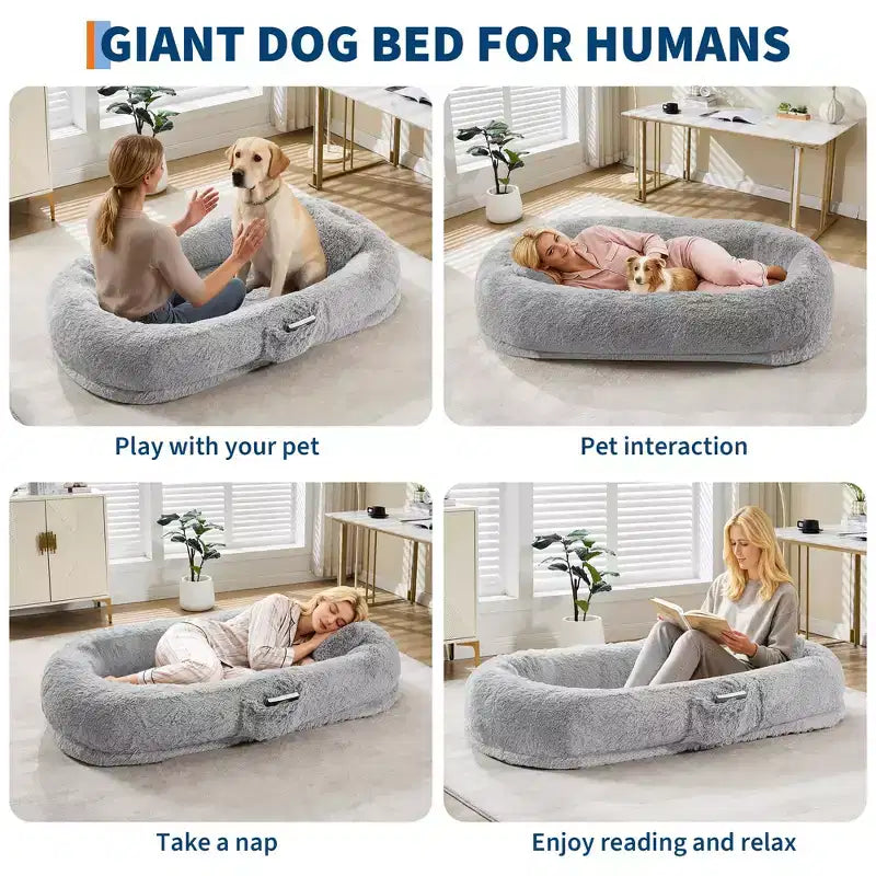67x43x8 Human Dog Bed for Adult and Pets, No Assembly Required, Washable Fluffy Faux Fur, Orthopedic Dog Bed with Plump Pillow, Side Pocket