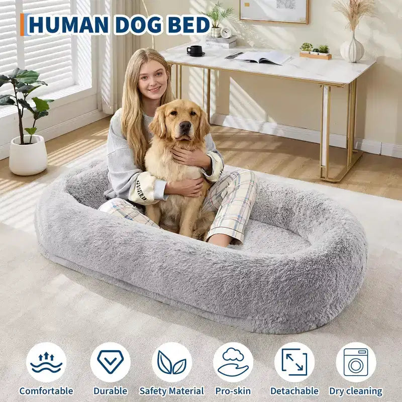 67x43x8 Human Dog Bed for Adult and Pets, No Assembly Required, Washable Fluffy Faux Fur, Orthopedic Dog Bed with Plump Pillow, Side Pocket