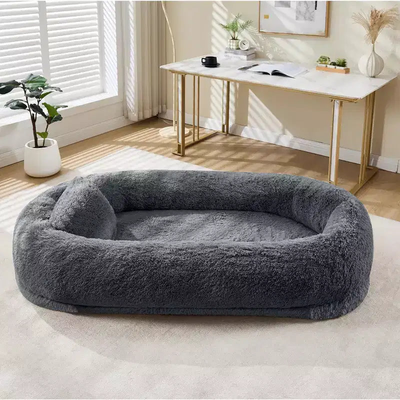 Lit pour humain et animaux de compagnie 67x43x8, aucun assemblage requis, fausse fourrure moelleuse lavable, lit orthopédique pour chien avec oreiller moelleux, poche latérale