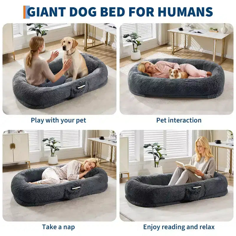 67x43x8 Human Dog Bed for Adult and Pets, No Assembly Required, Washable Fluffy Faux Fur, Orthopedic Dog Bed with Plump Pillow, Side Pocket