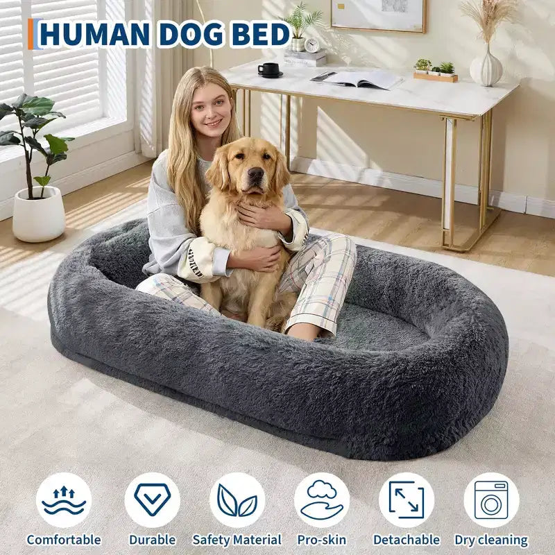 67x43x8 Human Dog Bed for Adult and Pets, No Assembly Required, Washable Fluffy Faux Fur, Orthopedic Dog Bed with Plump Pillow, Side Pocket