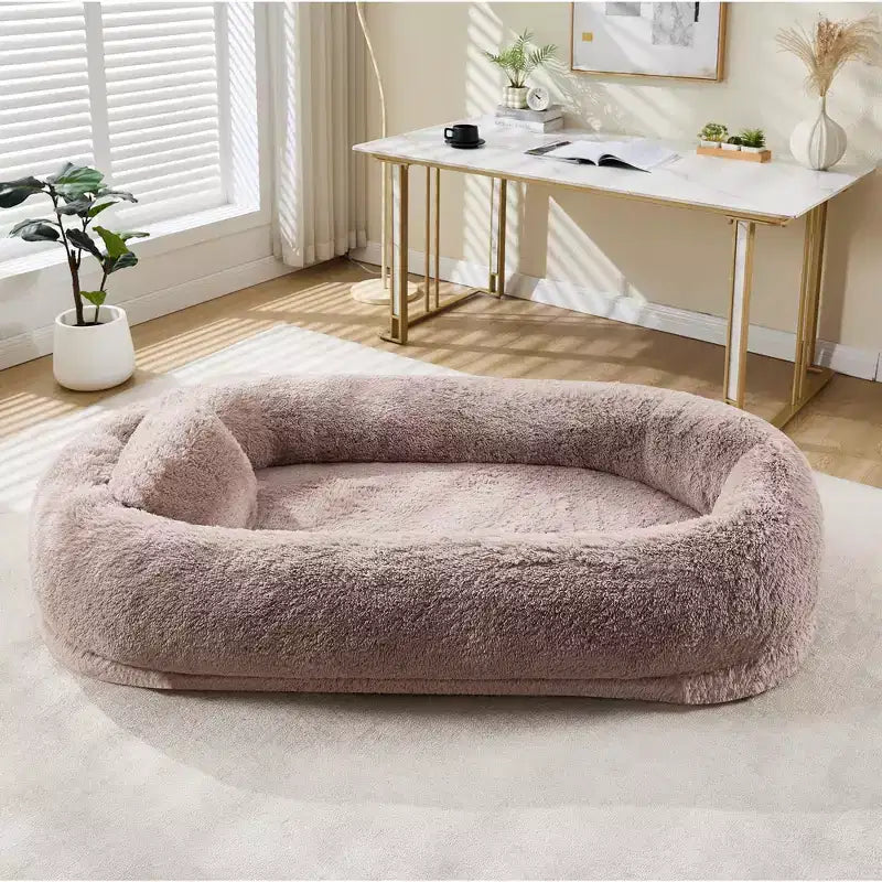Lit pour humain et animaux de compagnie 67x43x8, aucun assemblage requis, fausse fourrure moelleuse lavable, lit orthopédique pour chien avec oreiller moelleux, poche latérale