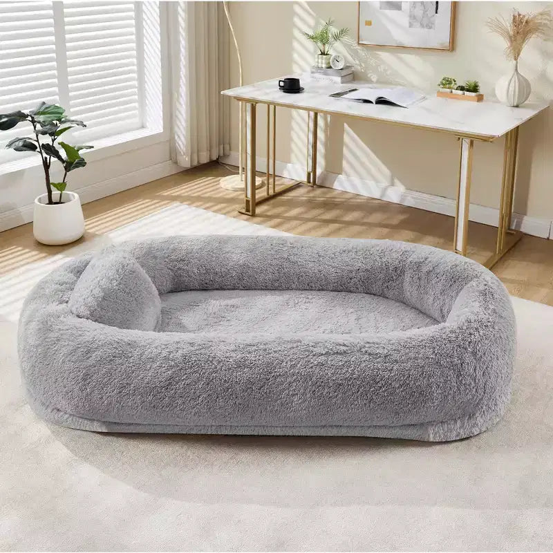 Lit pour humain et animaux de compagnie 67x43x8, aucun assemblage requis, fausse fourrure moelleuse lavable, lit orthopédique pour chien avec oreiller moelleux, poche latérale
