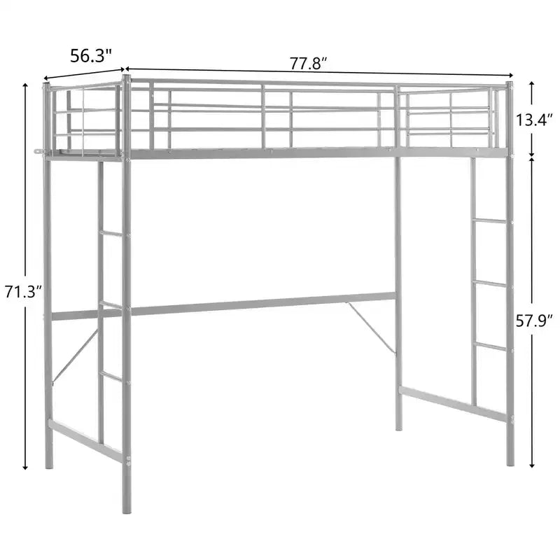 Full Loft Bed with Stairs Metal Single Loft Bunk Bed with Safety Guard Rails and 2 Side Ladder, No Spring Box Need