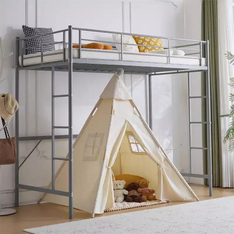 Full Loft Bed with Stairs Metal Single Loft Bunk Bed with Safety Guard Rails and 2 Side Ladder, No Spring Box Need