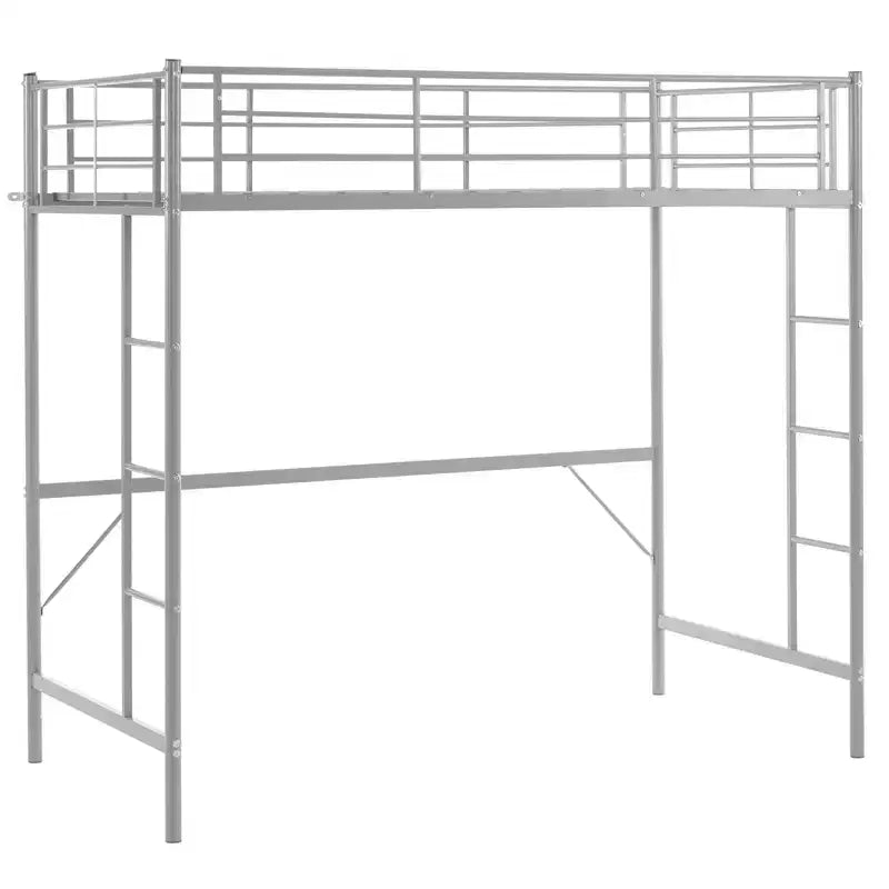 Full Loft Bed with Stairs Metal Single Loft Bunk Bed with Safety Guard Rails and 2 Side Ladder, No Spring Box Need