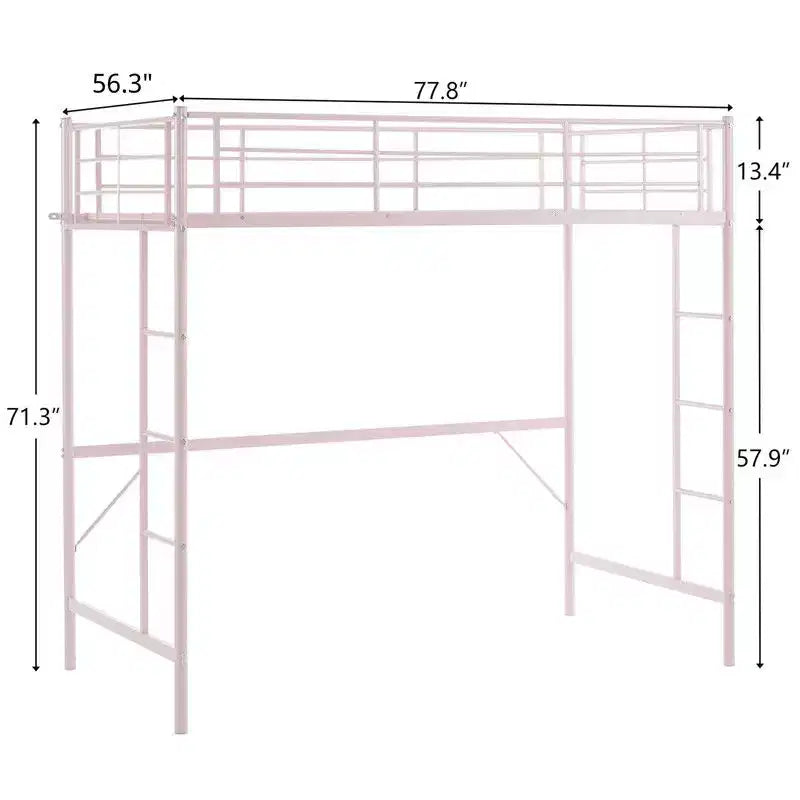 Full Loft Bed with Stairs Metal Single Loft Bunk Bed with Safety Guard Rails and 2 Side Ladder, No Spring Box Need