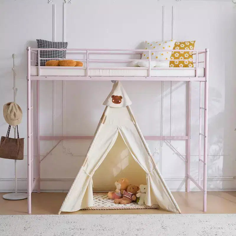 Full Loft Bed with Stairs Metal Single Loft Bunk Bed with Safety Guard Rails and 2 Side Ladder, No Spring Box Need