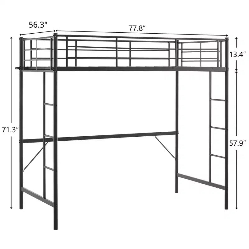 Lit mezzanine double avec escalier, lit superposé mezzanine simple en métal avec barrières de sécurité et 2 échelles latérales, pas besoin de sommier tapissier.