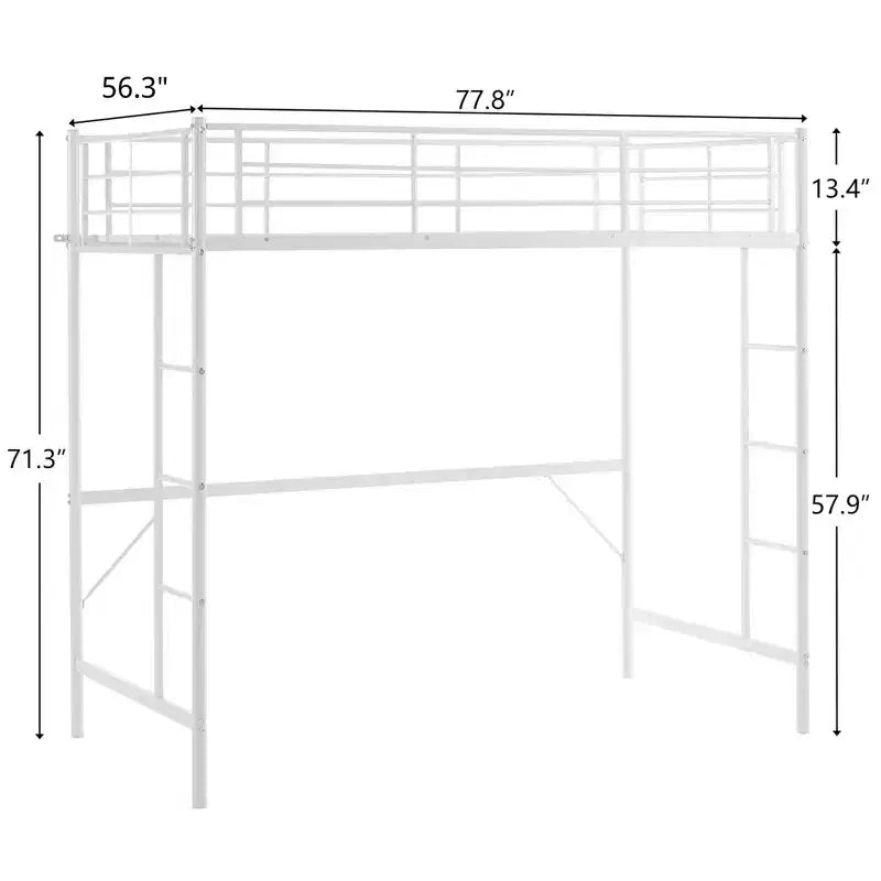 Full Loft Bed with Stairs Metal Single Loft Bunk Bed with Safety Guard Rails and 2 Side Ladder, No Spring Box Need