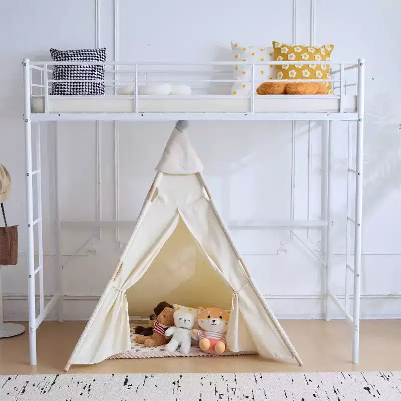 Full Loft Bed with Stairs Metal Single Loft Bunk Bed with Safety Guard Rails and 2 Side Ladder, No Spring Box Need