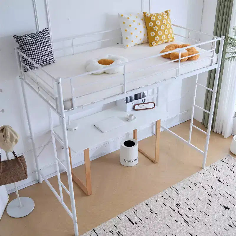 Full Loft Bed with Stairs Metal Single Loft Bunk Bed with Safety Guard Rails and 2 Side Ladder, No Spring Box Need