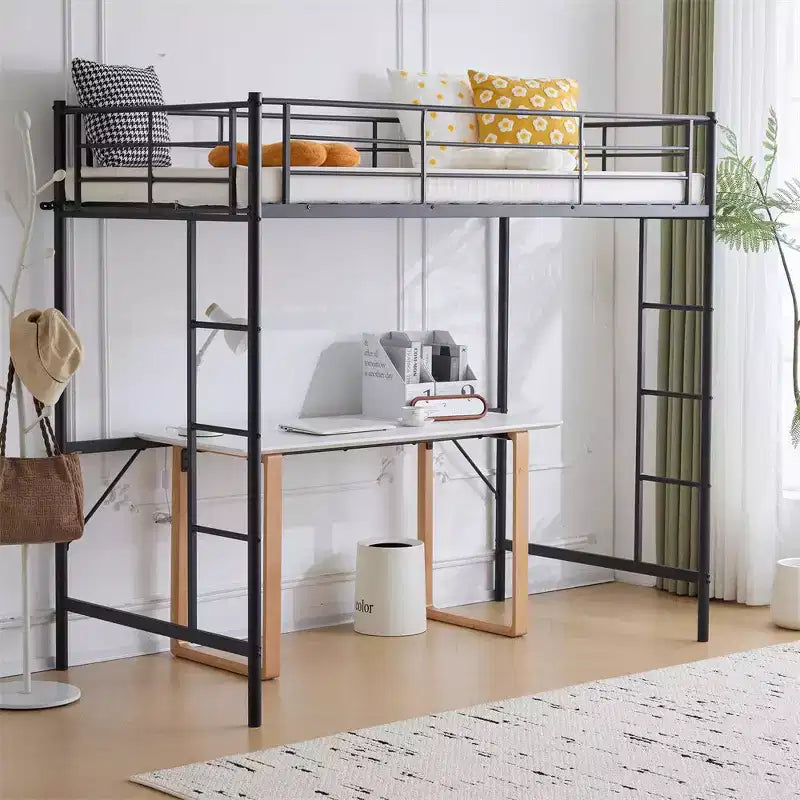 Lit mezzanine double avec escalier, lit superposé mezzanine simple en métal avec barrières de sécurité et 2 échelles latérales, pas besoin de sommier tapissier.