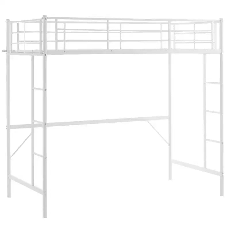 Full Loft Bed with Stairs Metal Single Loft Bunk Bed with Safety Guard Rails and 2 Side Ladder, No Spring Box Need