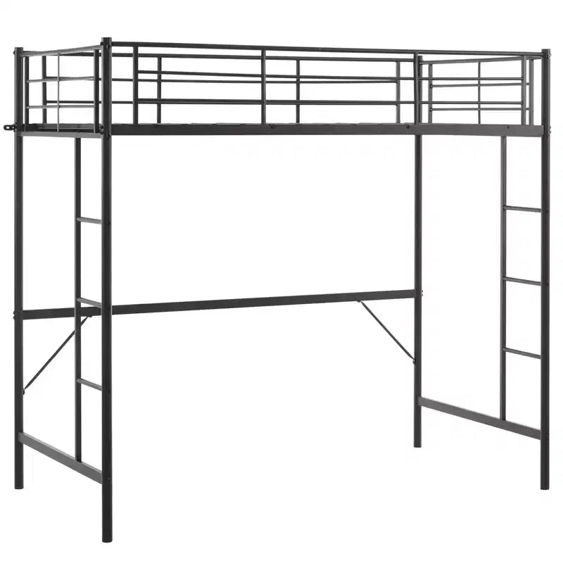 Full Loft Bed with Stairs Metal Single Loft Bunk Bed with Safety Guard Rails and 2 Side Ladder, No Spring Box Need
