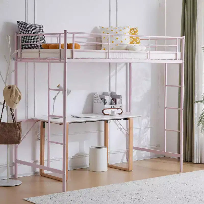 Lit mezzanine double avec escalier, lit superposé mezzanine simple en métal avec barrières de sécurité et 2 échelles latérales, pas besoin de sommier tapissier.