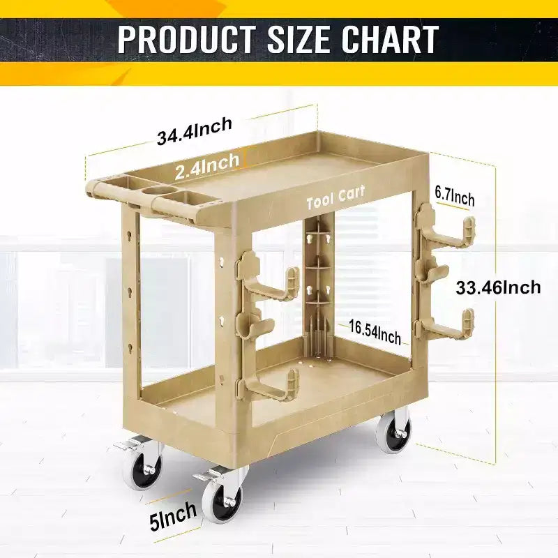 Heavy Duty Utility Cart 600LBS Capacity 2 Shelf Plastic Service Cart with 360 Degree Swivel Wheels for Garage Warehouse Workshop