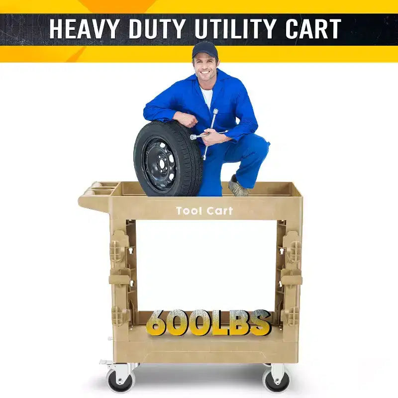 Heavy Duty Utility Cart 600LBS Capacity 2 Shelf Plastic Service Cart with 360 Degree Swivel Wheels for Garage Warehouse Workshop