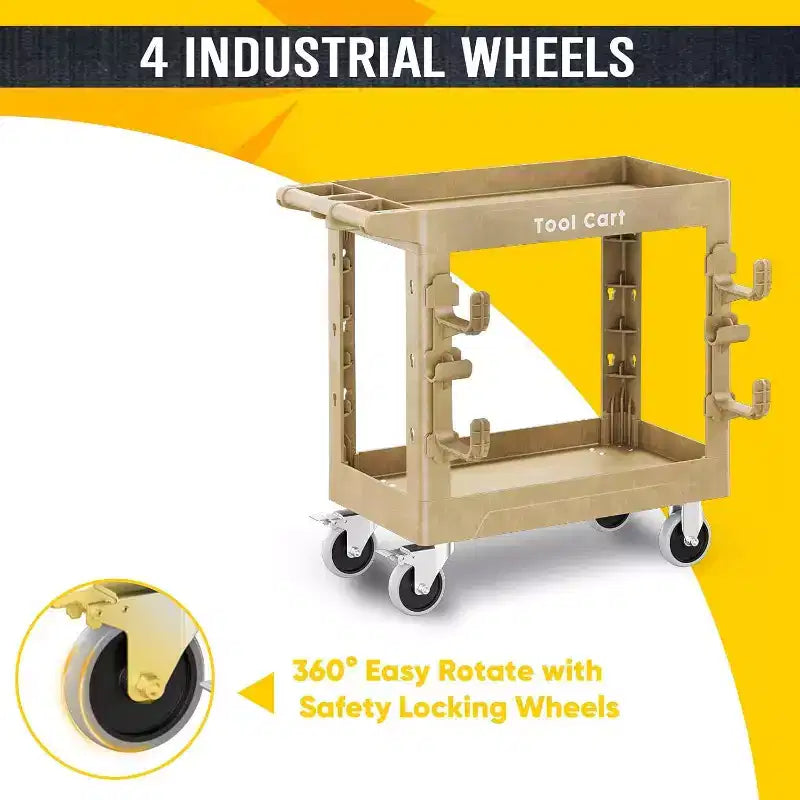 Heavy Duty Utility Cart 600LBS Capacity 2 Shelf Plastic Service Cart with 360 Degree Swivel Wheels for Garage Warehouse Workshop