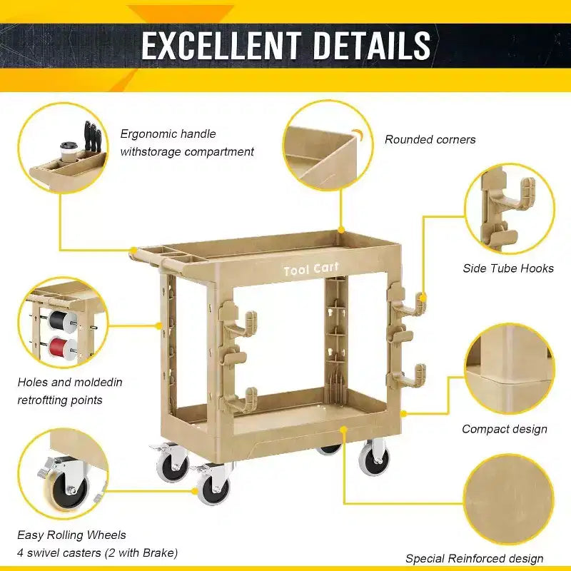 Heavy Duty Utility Cart 600LBS Capacity 2 Shelf Plastic Service Cart with 360 Degree Swivel Wheels for Garage Warehouse Workshop