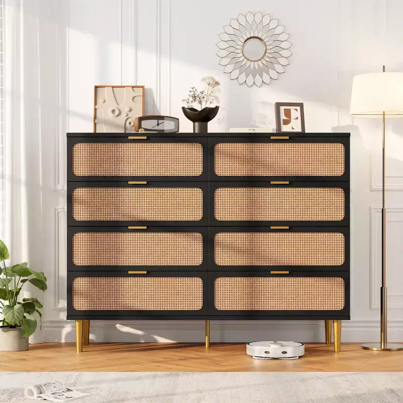Rattan 8 Drawer Dressers for Bedroom, Tall Dresser with Deep Drawers, Large Chest of Drawers for Closet with Wide Top, Long Wooden Dresser